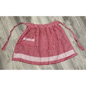 Red White Gingham Apron Pocket Lace Trim Kitchen Baking‎ Cooking Retro Farmhouse